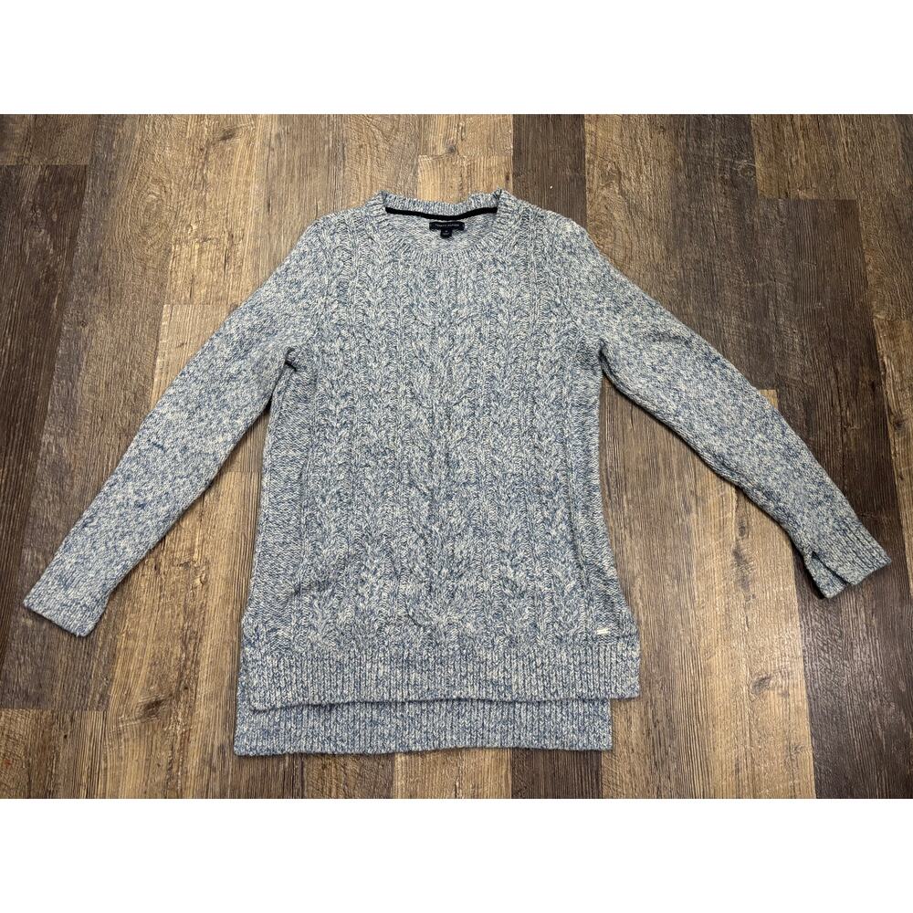 Tommy Hilfiger Womens Blue White Cable Knit Sweater Marled‎ Crew Neck Size M